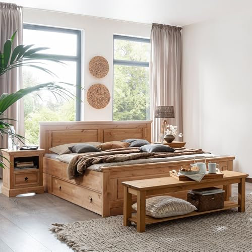 Lomadox Schlafzimmer Set 6-teilig mit Doppelbett 180x200cm, 2 Bettschubladen, 2 Nachttische, Bettbank in Kiefer massiv, eichefarben geölt