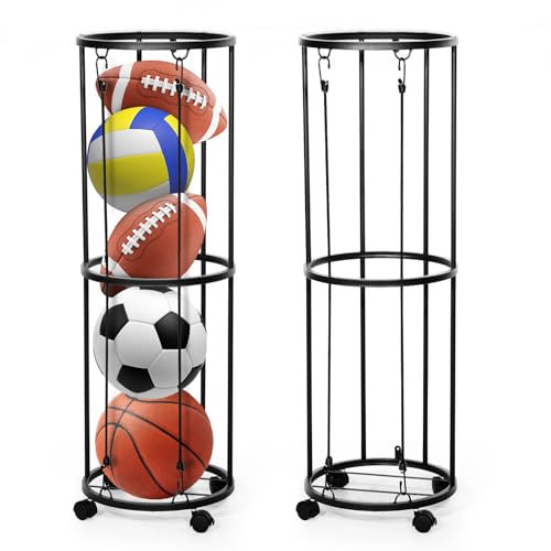 Ball Stand with Wheels, Ball Storage, Wall Mounted Ball Storage Cage Ball Holder, Garage Organiser for Sports Equipment, Removable Standing Rack Holder, Display Holder for Football Basketball