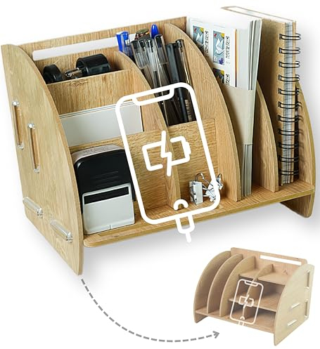 clipfritz - Organizador escritorio soporte de carga para móviles madera MDF (25x19x17,5cm) - Desk Organizer - Organizadores accesorios y material oficina y papeleria - Regalo para hombre original