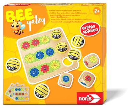 noris Bee Yatzy Würfelspiel aus Holz für Kinder ab 3 Jahren – erstes Lernspiel mit süßen Bienen – Brettspiel für 1–4 Spieler – fördert Farben Zählen Konzentration Jungen Mädchen