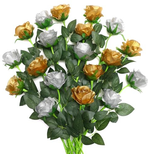 JUSTOYOU 20 PCS Rose künstliche Blume, doppelte Farbe Seide blühende Rose mit Stiel, künstliche Rose Bouquet Realistische Blume für Home Table Office Party Hochzeit Garten Arrangements (Gold,Silber)