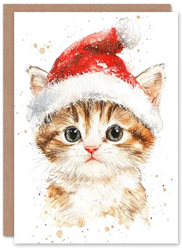 Artery8 Santa Hat Tabby Ginger Kitten Cat Lover For Child Kids Xmas Festive Christmas Card