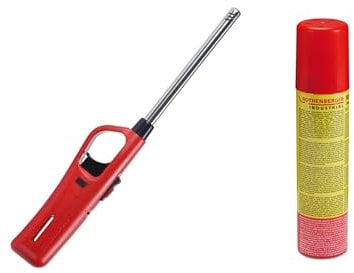 ROTHENBERGER Industrial 1x Gasanzünder inkl. 1x Nachfüllgas 100 ml | Feuerzeug | Abzugsperre | Piezo | Füllanzeige | Wiederbefüllbar | Kindersicherung