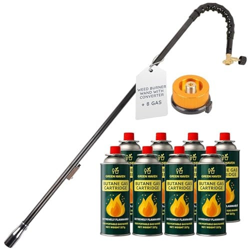Green Haven Cordless Weed Burner with 8 Gas Canisters – Heavy-Duty, Durable Weed Wand Torch & Adjustable Flame Weeder & Gas Converter, Ideal Weed Remover on Gardens, Patios, Driveways, Walkways