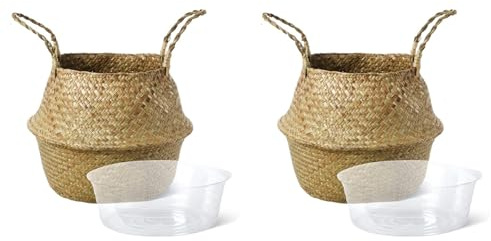 Pyugxab 2X Plant Basket with Liner, Woven Seagrass Belly Baskets,Storage Laundry Picnic Grocery Straw Bag