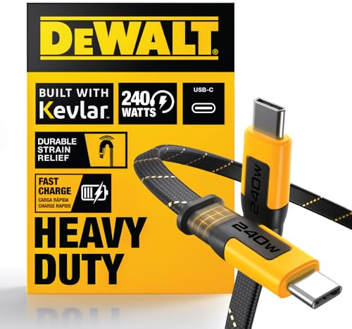 DEWALT Cable USB-C a USB-C 240W Carga Rápida, Cable Plano Type-C con Refuerzo Kevlar, Cable USBC Alta Velocidad para iPhone 17/16/15 Pro Max, Samsung Galaxy, MacBook, iPad, Pixel,2M