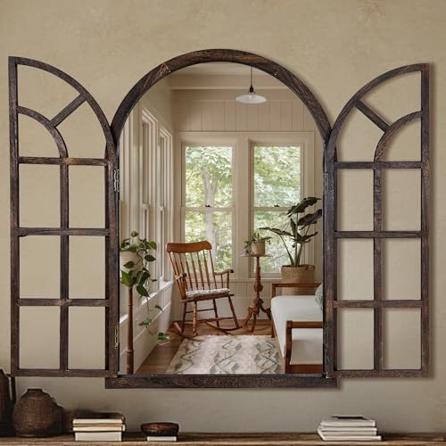 Gewölbter Wandspiegel mit Fensterscheiben-Design, 91,4 x 61 cm, rustikaler Bauernhaus-Holzdekorspiegel für Wohnzimmer, Schlafzimmer, Eingangsbereich