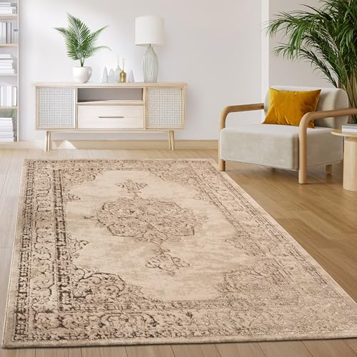 Paco Home Teppich Wohnzimmer Schlafzimmer Kurzflor Vintage Orientalisch Abstraktes Muster Modern Beige, Grösse:160x220 cm