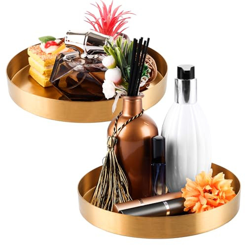 MUXHEL 2 Stück Deko Tablett Rund, 20cm tablett Gold, tablett serviertablett Dekoteller, Edelstahl platzteller Gold, Metall Dekotablett für Adventskranz Teller Dessert Kosmetik Schmuck Kerzen