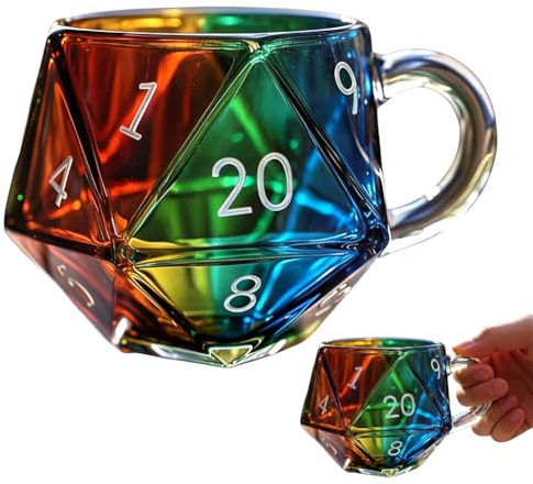 Umllpet Polyedrische Würfel Kaffeetasse mit Henkel, 400ML Regenbogenglas D20 Würfelbecher, Polyedrische Würfel Tasse, Lustige Trinkgläser für Männer Frauen Fantasy-Liebhaber, Geschenk für Spieleliebha