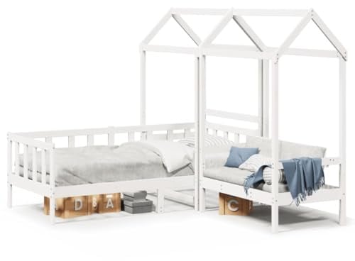 THOYTOUI Tagesbett Weiß 80x200 cm Kiefernholz mit Bank und Lattenrost, Bettgitter auf 3 Seiten und Stauraum für Schlafzimmer und Wohnzimmer