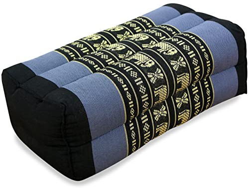 livasia Block Yogakissen eckig - 17x34x12cm - Meditationskissen mit Kapok, Stützkissen Bolster rechteckig, Yoga Pilates Zubehör Nackenkissen, Thaikissen fest handgefertigt (Blau/Elefanten)