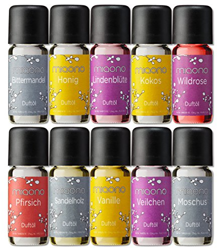 Duftöle von miaono - Wunderbare Welt der Düfte - Aromaöle für himmlichen Raumduft (Vanille-Sandelholz-Veilchen-Pfirsich-..., 10er Set, 10x10ml)