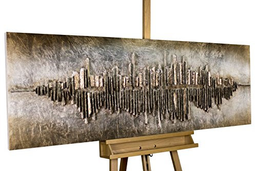 KunstLoft Wanddeko Holz rustikal | 100% HANDGEFERTIGT | 144x44x7.5cm | Holzbild 'Frequency 1000' | Abstrakt | Gold Braun | Wandbild Holz