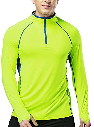 Muscle Alive Men's Quarter Zip Running Active T Shirts Workout Long Sleeve Jersey with Thumb Holes Polyester and Spandex Yellow XXL