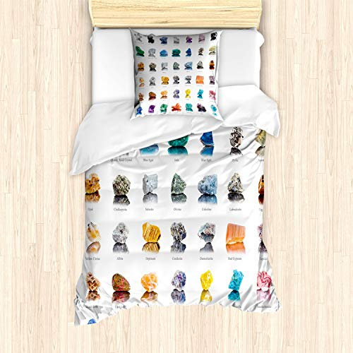 ABAKUHAUS Edelstein Bettbezug Set für Einzelbetten, Mineral Geologie Theme, Milbensicher Allergiker geeignet mit Kissenbezug, Mehrfarbig Grau