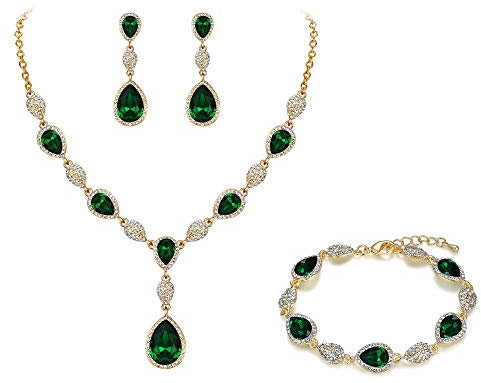 Clearine Wedding Bridal Costume Jewellery Diamante Teardrop Crystal Statement Y-Necklace Dangle Earrings Tennis Bracelet Set for Women Emerald Green Colour Gold-Tone