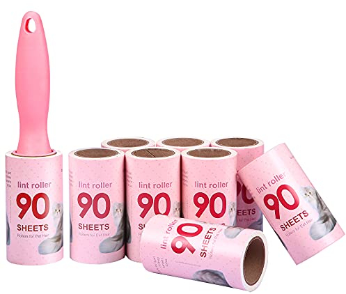 Ensemble de Rouleaux Anti-Peluches, 1 Manches et 9 Rouleaux de 90 Feuilles, Brosse Collante à Poils pour Animau, de Rouleau de Nettoyage pour vêtements, Tapis, sièges de Voiture, poussière