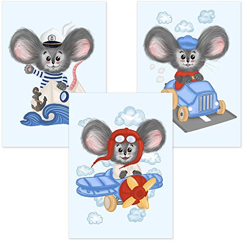ALLEOVS® Poster - Die Abenteuer einer kleinen Maus - 3er Set – Kinderzimmer Babyzimmer Kinderposter Deko-Poster - Rennfahrer - Flugzeug Pilot - Seemann, Jungen & Mädchen, Kunstdruck A4 (AL2)