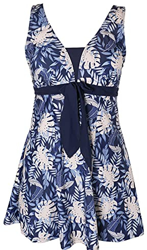 ECUPPER Women's Plus Size Swim Dress One Piece Navy Leaf 34-36