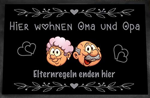 Farbwuselei Fußmatte mit Gummirand 35x50cm Hier wohnen Oma und Opa Elternregeln Enden Hier (Schwarz)
