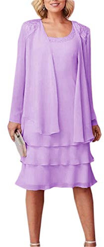 CY 2021 - Vestido de madre de la novia con cuello redondo, longitud hasta la rodilla, encaje de gasa, manga larga con volantes en cascada, Lila, 54