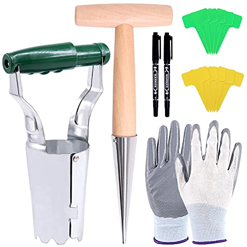 Wokape 106Pcs Bulb Planting Garden Tool Set, Includes 1Pc Bulb Planter, 1Pc Metal Planting Dibber, 100Pcs T- Tags, 1 Pair Gloves and 2Pcs Marker, Portable Hand Planter Kit for Garden Seedling