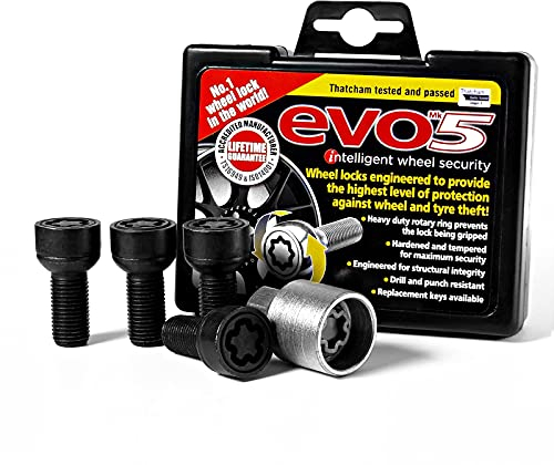 BITS4REASONS - Nuevo modelo E Tech EVO5 compatible con VW Audi Seat Skoda Benz O / E calidad antirrobo juego de pernos de rueda (4 pernos y llave), color negro M14 X1.5