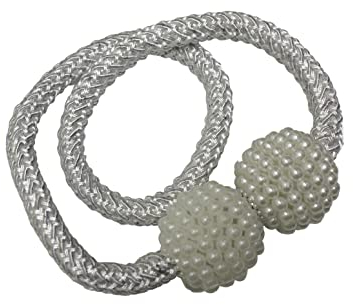 Gardinia Raffhalter für Vorhänge und Gardinen, Mit Magnet zur einfachen Befestigung, Ø Kugel ca. 32 mm, Ø Schnur ca. 8 mm, Magnetische Raffspange, Flex-V, Weiß, 48 cm