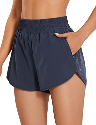 CRZ YOGA Damen Kurz Sporthose Laufhose High Waist Fitness Sport Shorts Kurze Hose mit Reißverschlusstasche Marine 44