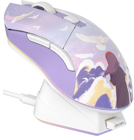 DAREU Ratón inalámbrico Gaming con Base de Carga Recargable RGB, 12 000 dpi, 7 Botones programables, Sensor de Alta precisión [300 IPS] [1000 Hz] para PC, portátil y Mac