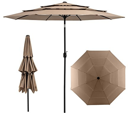 GYMAX Ombrellone da Giardino 3x3 M, Impermeabile con Rivestimento PA e Protezione Solare per Terrazzo, Patio, Cortile (Marrone)