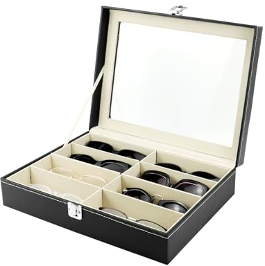 QWORK® Organizer Occhiali da Sole, Scatola per Occhiali da Sole in Pelle, 8 Scomparti, per Occhiali, Gioielli ed Gemelli