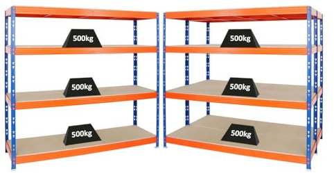 PROREGAL Mega Deal | 3X Profi Schwerlastregal Rhino | HxBxT 180x200x60cm | 4 Spanplatten-Ebenen 8mm | Fachlast 500kg | Blau-Orange | Garagenregal Lagerregal Steckregal Weitspannregal