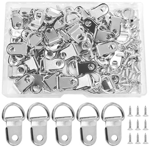 100PCS D Ring Picture Hangers Kit, Picture Hanging Hooks with Screws, Durable D-Rings Frames Hooks for Hanging Photos,Wall Decor(0.39 x 0.98inch)