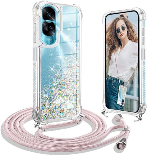 Ptny Coque avec Cordon Compatible avec Honor 90 Lite, Housse Paillette Liquide Paillette Filles Antichoc TPU Silicone Case, Réglable Smartphone Collier Etui avec Lanière
