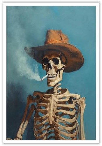 Rubeoxn Poster im Retro-Skelett-Stil, Cowboy-Motiv, Westland, eklektisch, Texas, Ranch-Kunst, lustig, Gothic, Horror, wildes westliches Marihuana, feine Drucke für Zuhause, Schlafzimmer, Wohnheim,