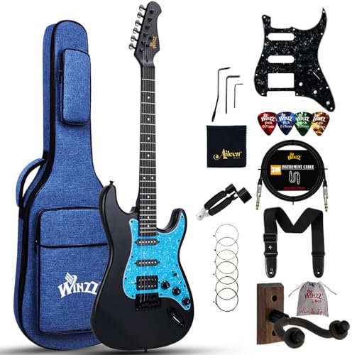 Winzz Erwachsene E-Gitarre 4/4 Größe, HSS Tonabnehmer, E-Gitarre ST für Anfänger Starter Paket mit 12 Zubehör, Ideal Kinder E-Gitarre Kit 12+ Jahre (39 Matte Schwarz, Blau Schlagbrett)