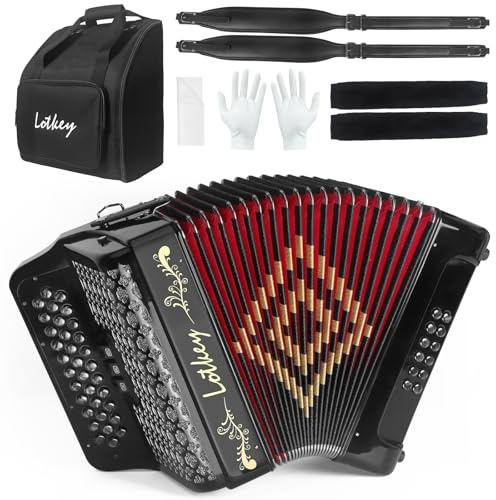 Lotkey Diatonisches Akkordeon mit 34 Tasten, 3412 mehrfarbige Zelluloid-Akkordeons, lauter, klarer als Kunststoff, für Erwachsene, Anfänger, Profi mit aktualisierter Tasche, Riemen, Acordeón