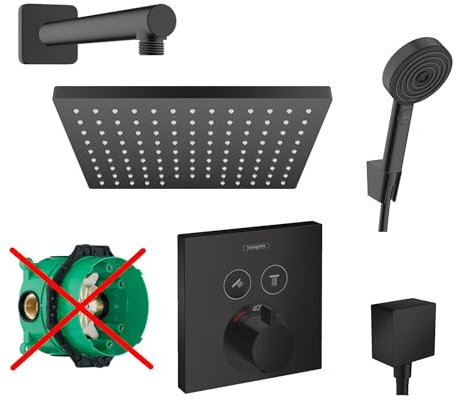 Hansgrohe Duschsystem mit Unterputz Duscharmatur von Hansgrohe Regendusche mit Armatur, Duschkopf eckig, Wandarm Dusch-SET HGSK05-ob schwarz matt
