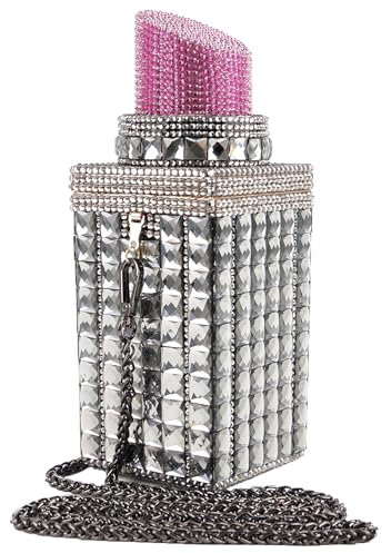 Sheiyeah Borsa da sera da donna a forma di rossetto intarsiato con strass e brillantini, pochette scintillante per banchetti, Rosa Grigio Scuro