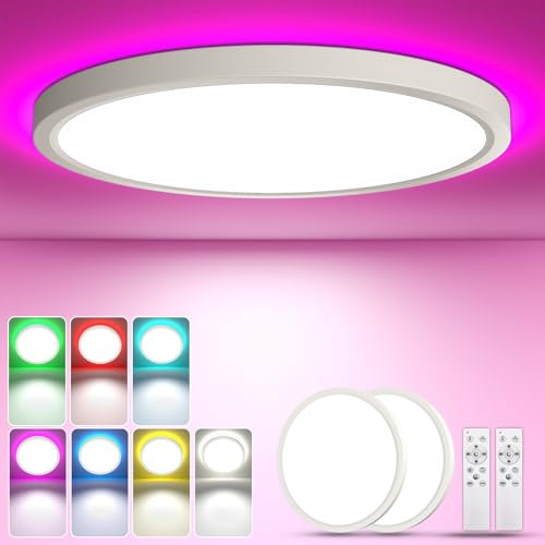 YiLaie 2 Stück 24W Deckenlampe LED Deckenleuchte Dimmbar mit Fernbedienung RGB Farbwechsel Rund Deckenleuchte Flach für Wohnzimmer Schlafzimmer Deckenlampe 3000K-6500K 2700LM IP44 Wasserdicht Ø30cm