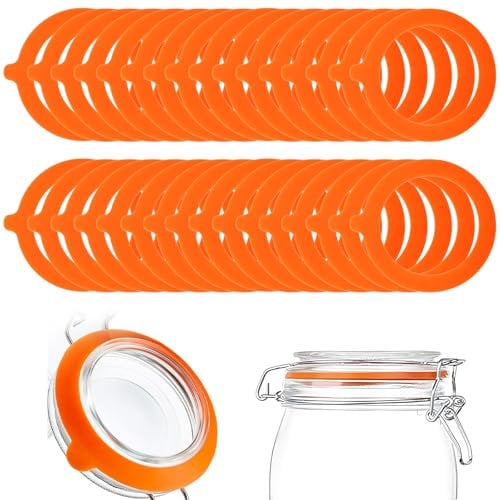 BORISCA 35 PCS Joint Bocaux, Joint de Bocal en Silicone Caoutchouc Bocaux à Bonbons Joint Bocaux Remplacement Joint Caoutchouc Bocaux pour Couvercle à Pince en Verre (Orange)