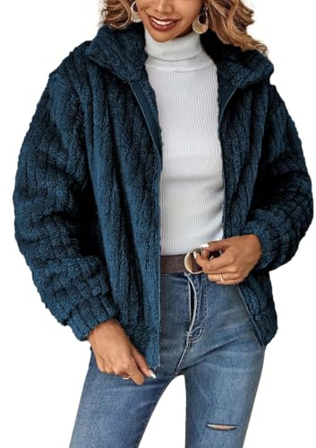 HUXRAKV Manteaux Femme Hiver Veste Courte d'automne en Peluche Blousons avec Poches Zippée Manteau Polaire à Revers,WD20-Bleu 2,M