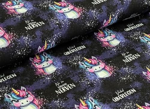 Eigenproduktion Bio Baumwolljersey Einhorn Nix für Schwache Nerven auf Lila Kleiderstoff Meterware