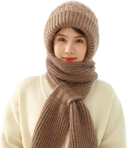 TBLMPNE Schal Damen Winterschal Damen, Schals für Damen Integrierte Ohrenschutz Winddichte Kappe Schal, Elastische Warme Verbundenen Ohrenschutz Strickmütze (Khaki)
