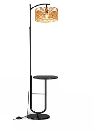 LuminexDesigns Lámpara de Pie Vintage en Ratán – Estilo Retro Negra con Portalámparas E27, Repisa Integrada, Altura Ajustable 176 cm, Cable 2 m, Interruptor de Pie, para Salón y Dormitorio