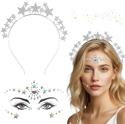 QUANMAITONG Haarreif Sterne Silber Gesichtstattoo Karneval Sternen Haarreif Damen mit glitzersteine gesicht Kostüm Damen Gesichtstattoo Karneval
