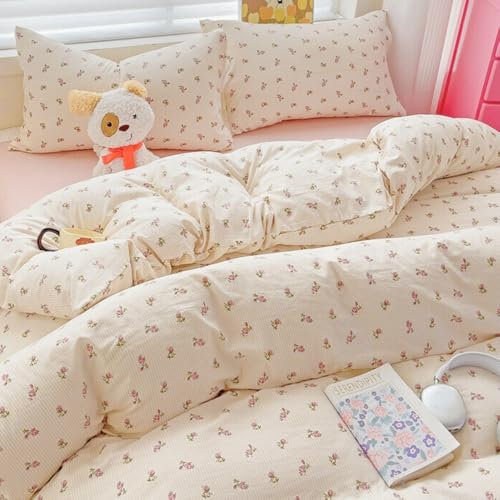 Covebett Housse de Couette 220x240 Beige Rose Motif Feuilles Fleurie Floral Parure de Lit Adulte 110g/m² Microfibre Fleurie Linge de Lit Réversible Fermeture Éclair et Taie d'oreiller 65x65