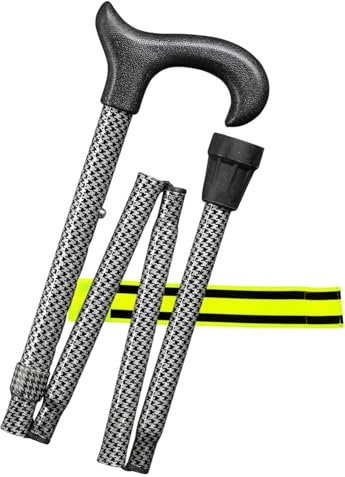 Gastrock Gehstock Faltstock 4-teiliger höhenverstellbar faltbar Uni-Ergonomic „Pepita“ – aus Aluminium mit ergonomischem Derby-Griff + Olanmarp Klettarmband mit Streifen